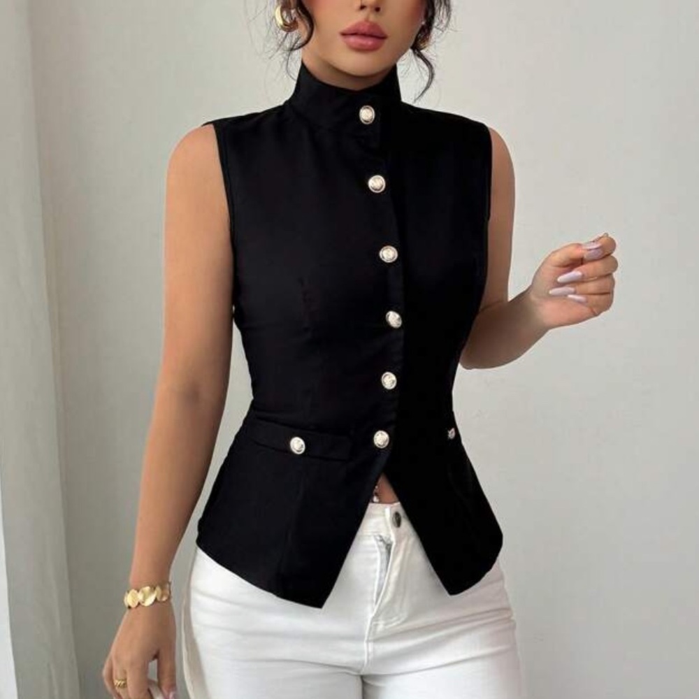 Elegant Black Sleeveless Button-Up Vest